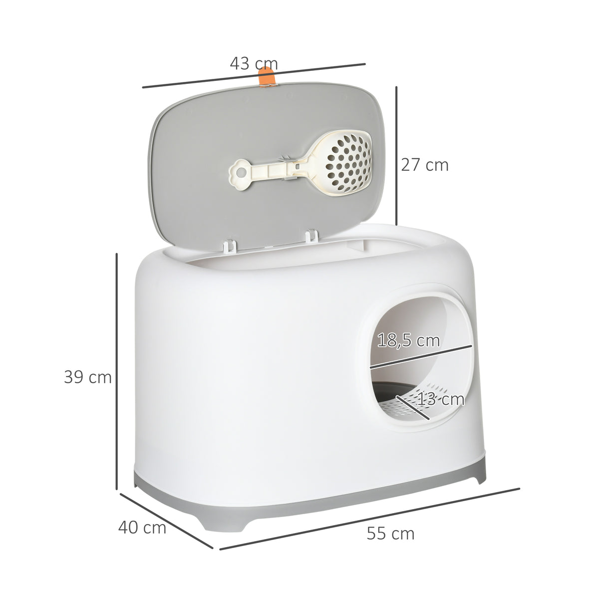 Bac à litière pour chat maison de toilette fermée avec couvercle et pelle, Plastique (PP), 55L x 40l x 39H cm, blanc-2