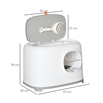 Bac à litière pour chat maison de toilette fermée avec couvercle et pelle, Plastique (PP), 55L x 40l x 39H cm, blanc-2