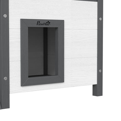 Cabane Chat Extérieur avec Terrasse, Escalier, Toit, Niche Villa, 77 x 50 x 73 cm Blanc et Rouge