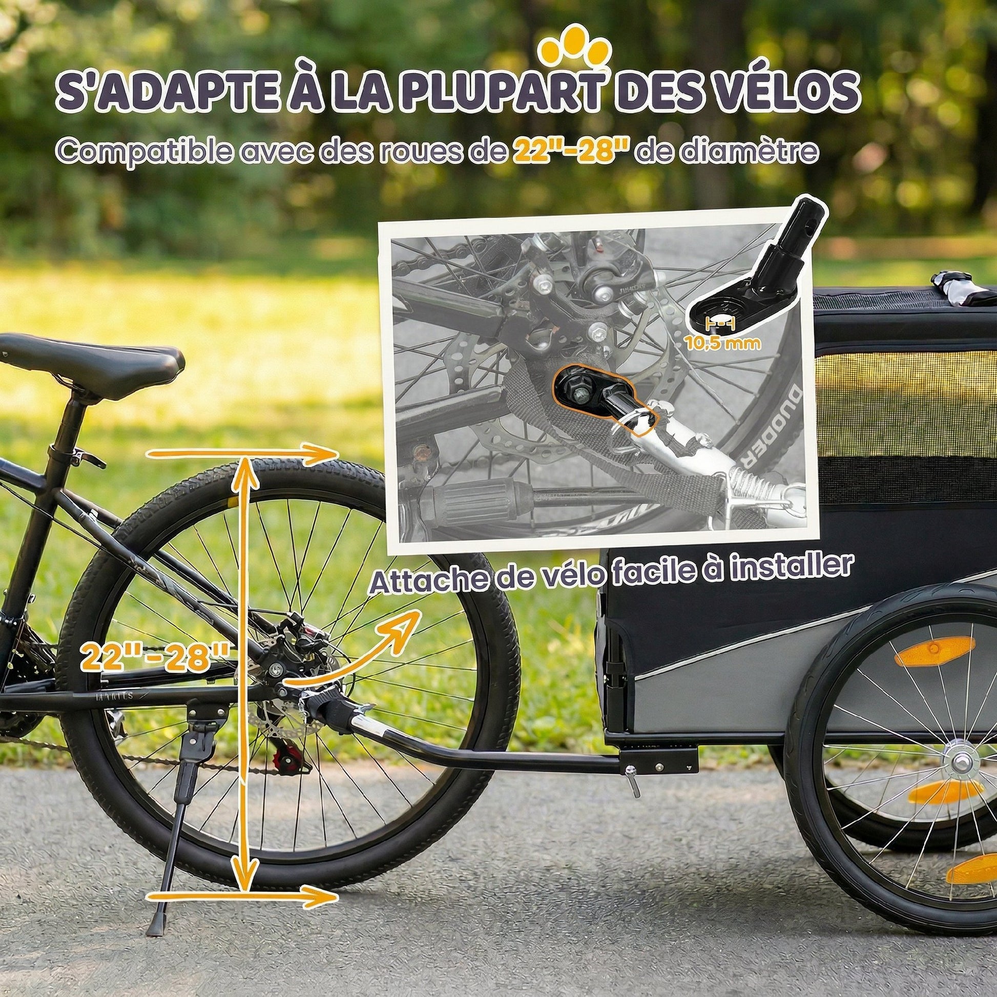 Remorque Vélo Chien avec Pneus 20", Attache Universelle, Réflecteurs, Drapeau, Laisse, 139x72x88cm, Gris et Noir-3