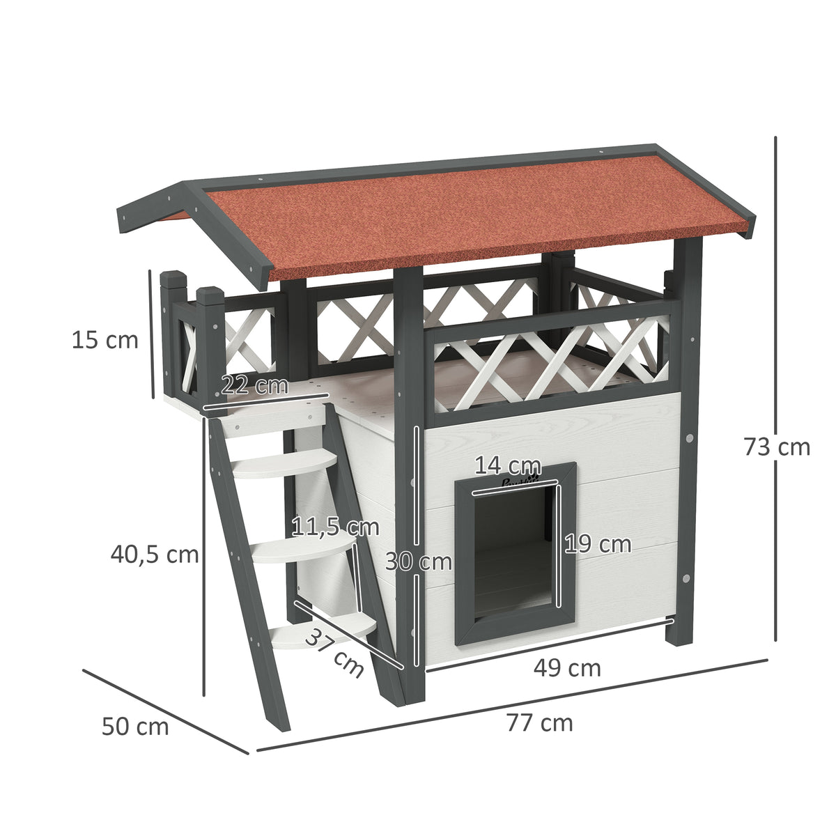 Cabane Chat Extérieur avec Terrasse, Escalier, Toit, Niche Villa, 77 x 50 x 73 cm Blanc et Rouge