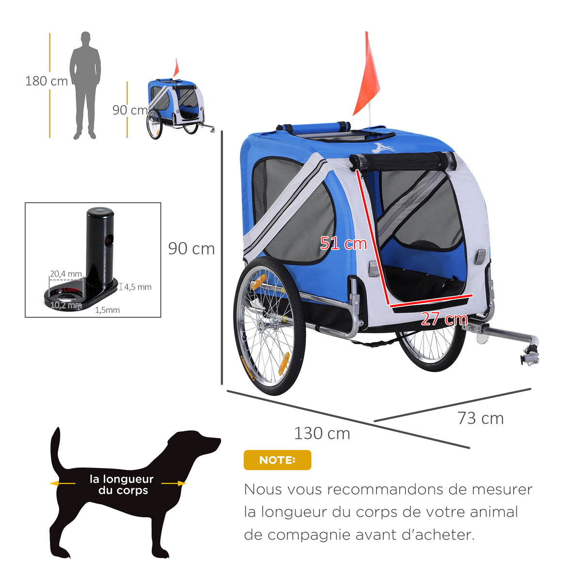 Remorque vélo pour chien animaux 8 réflecteurs drapeau barre attelage inclus 130 x 73 x 90 cm blanc et bleu-2
