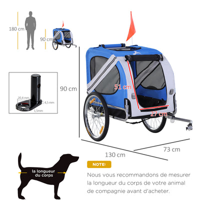 Remorque vélo pour chien animaux 8 réflecteurs drapeau barre attelage inclus 130 x 73 x 90 cm blanc et bleu-2