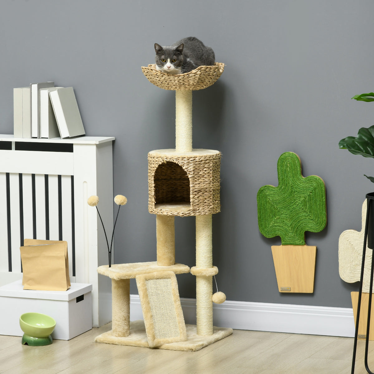 Arbre à chat hauteur 116 cm niche panier plateformes pompons en peluche et jacinthe d'eau - beige-1
