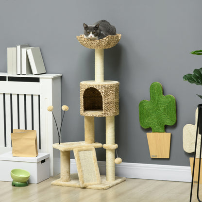 Arbre à chat hauteur 116 cm niche panier plateformes pompons en peluche et jacinthe d'eau - beige-1