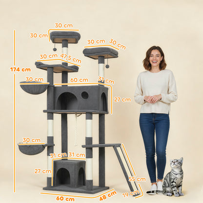 Arbre à chat tour de jeux pour chat avec griffoir 3 lits 2 niches plateformes et 3 jouets suspendus hauteur 174 cm gris-2