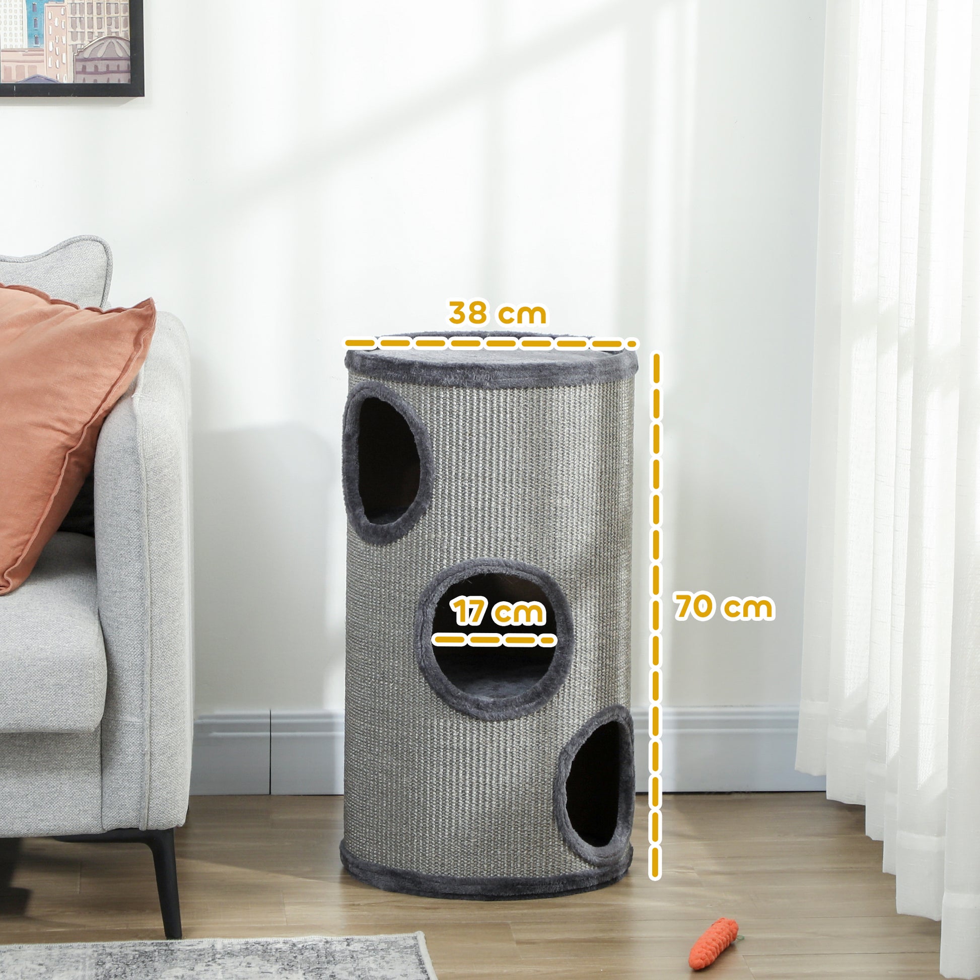 Tonneau à gratter pour chat, tour à griffer en sisal à 3 niveaux recouvert de peluche, Ø 38 x 70 cm, gris clair-2