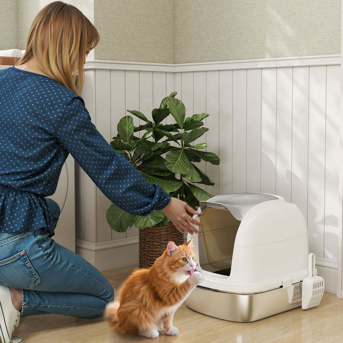 Bac à Litière pour Chat en Acier Inoxydable Caisse Litière Fermée pour Chats Couvercle Contrôle des Odeurs XL Blanc-1