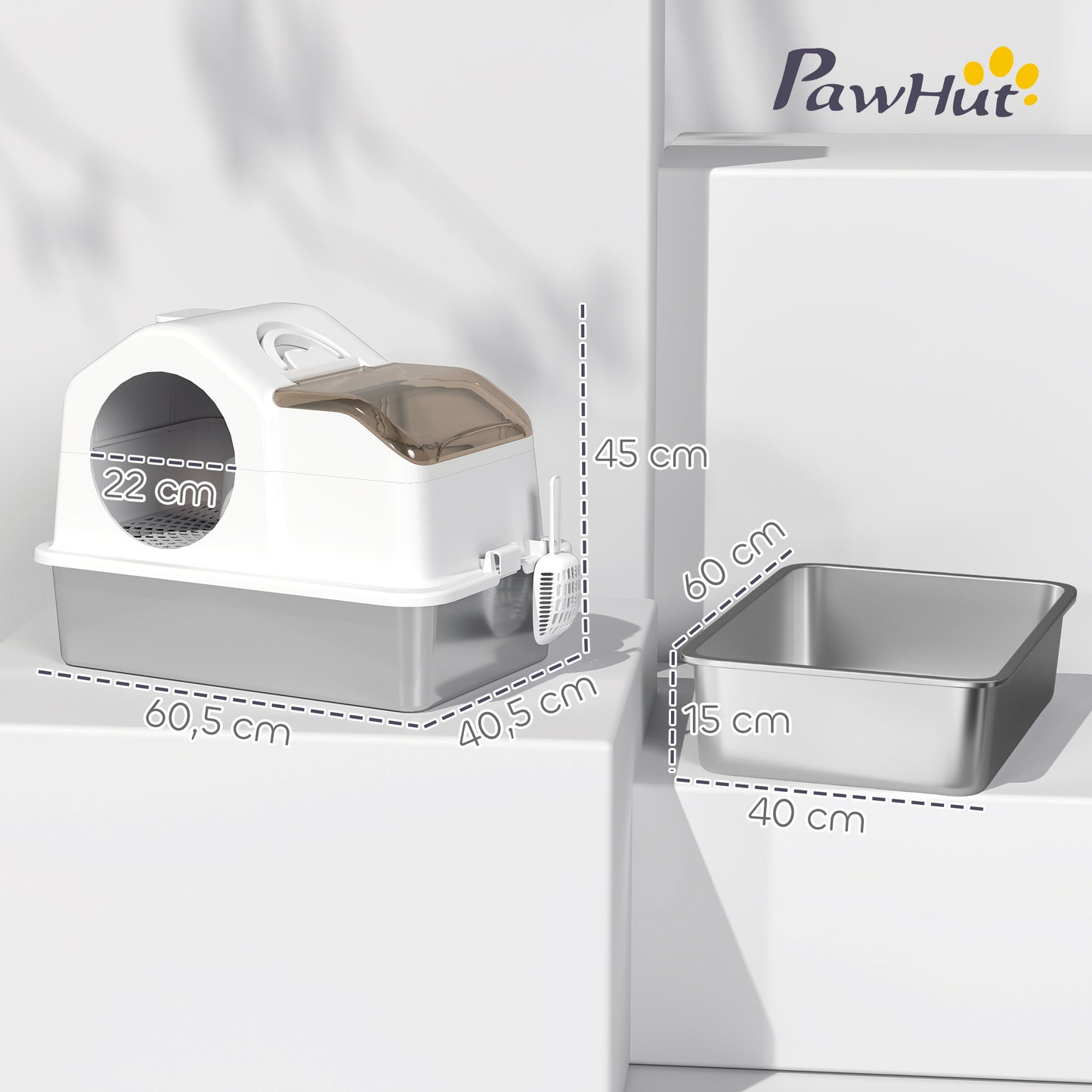 Maison de toilette pour chat avec couvercle amovible, bac à litière chat fermé côtés hauts, 60,5x40,5x45cm, blanc-2
