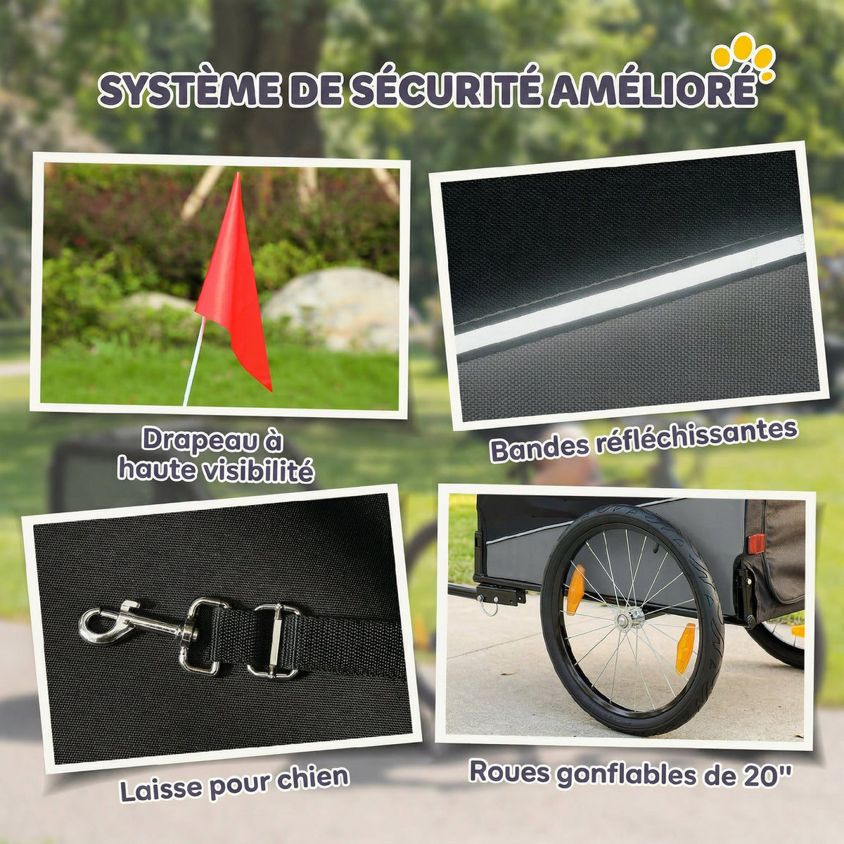 Remorque Vélo Chien avec Pneus 20", Attache Universelle, Réflecteurs, Drapeau, Laisse, 139x72x88cm, Gris et Noir-7