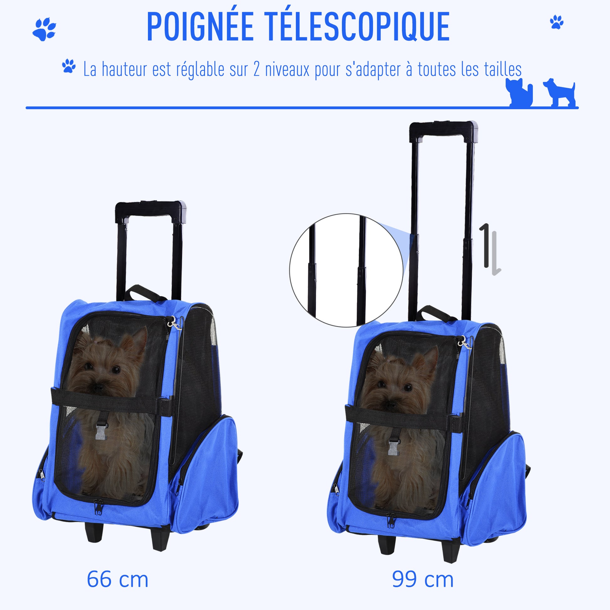Sac de transport à roulettes pour chien 2 en 1 trolley chariot sac à dos pour chien chat avec poignée téléscopique, sacs de rangement, aérations, attache de sécurité, 42 x 25 x 55 cm, bleu-4