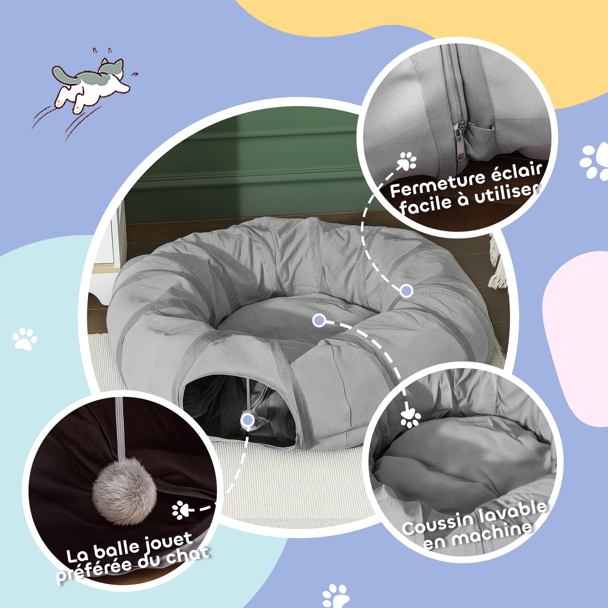 Tunnel pour chat intérieur rond tunnel avec lit et coussin, pliable, avec trous pour balles et judas, Ø 90 x 27 cm gris-6