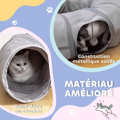 Tunnel pour chat intérieur rond tunnel avec lit et coussin, pliable, avec trous pour balles et judas, Ø 90 x 27 cm gris-5