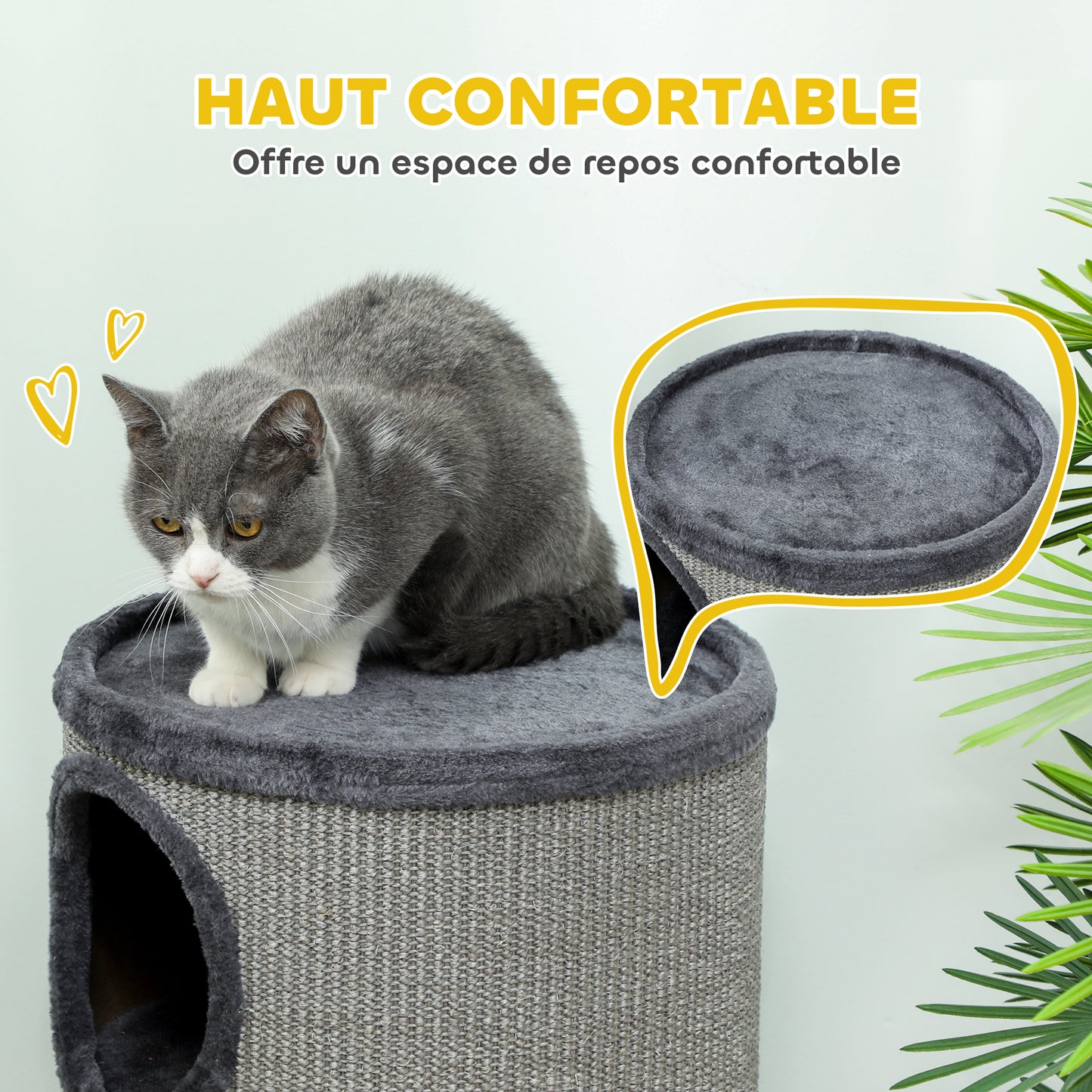 Tonneau à gratter pour chat, tour à griffer en sisal à 3 niveaux recouvert de peluche, Ø 38 x 70 cm, gris clair-4