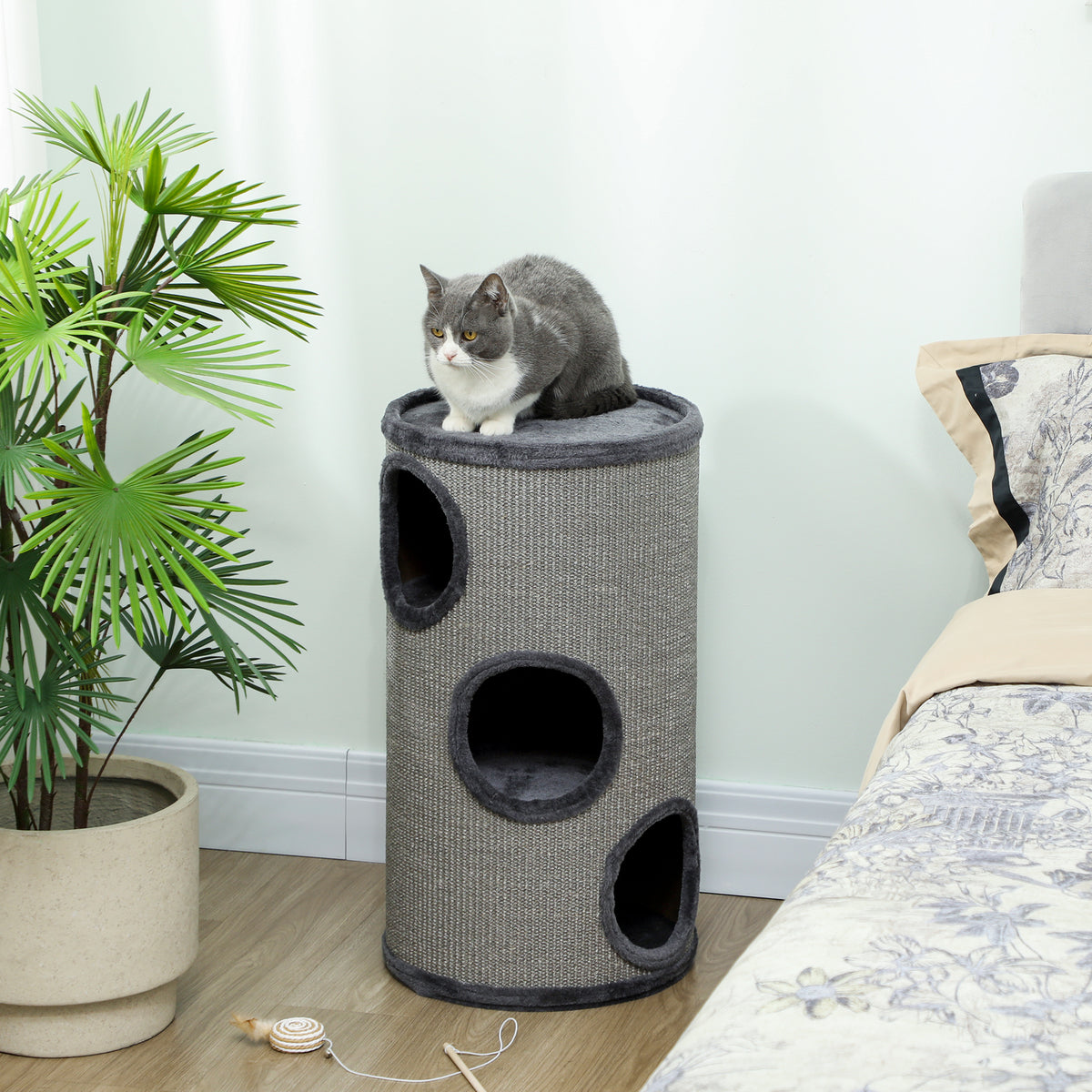 Tonneau à gratter pour chat, tour à griffer en sisal à 3 niveaux recouvert de peluche, Ø 38 x 70 cm, gris clair-1