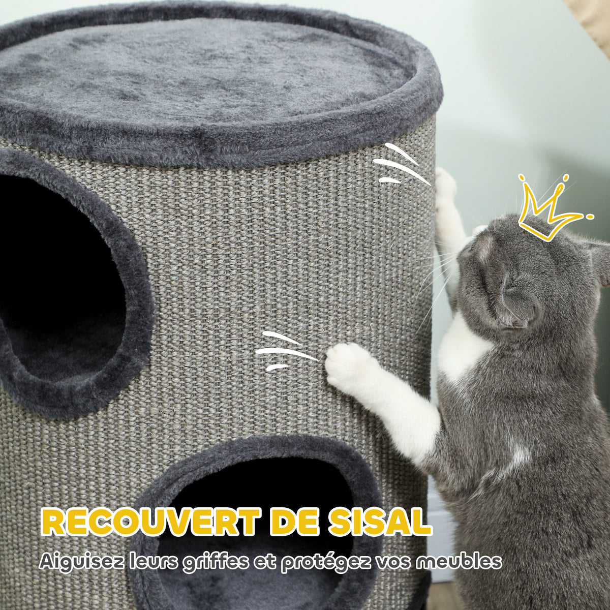 Tonneau à gratter pour chat, tour à griffer en sisal à 3 niveaux recouvert de peluche, Ø 38 x 70 cm, gris clair-5