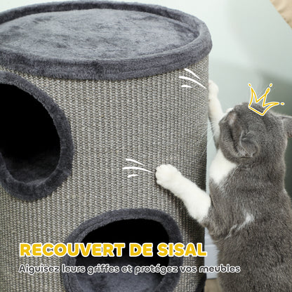 Tonneau à gratter pour chat, tour à griffer en sisal à 3 niveaux recouvert de peluche, Ø 38 x 70 cm, gris clair-5