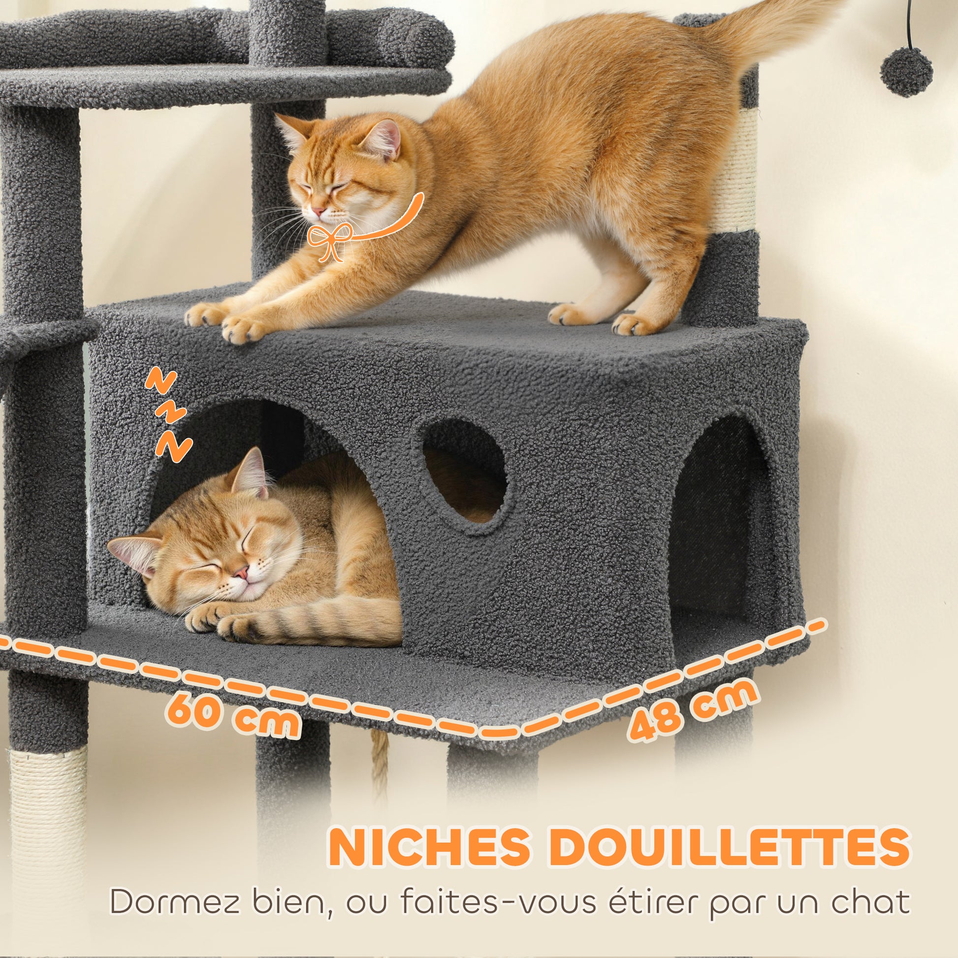 Arbre à chat tour de jeux pour chat avec griffoir 3 lits 2 niches plateformes et 3 jouets suspendus hauteur 174 cm gris-4