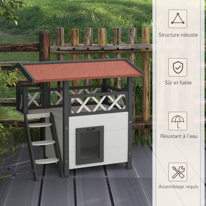Cabane Chat Extérieur avec Terrasse, Escalier, Toit, Niche Villa, 77 x 50 x 73 cm Blanc et Rouge