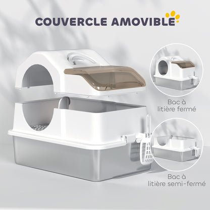 Maison de toilette pour chat avec couvercle amovible, bac à litière chat fermé côtés hauts, 60,5x40,5x45cm, blanc-3