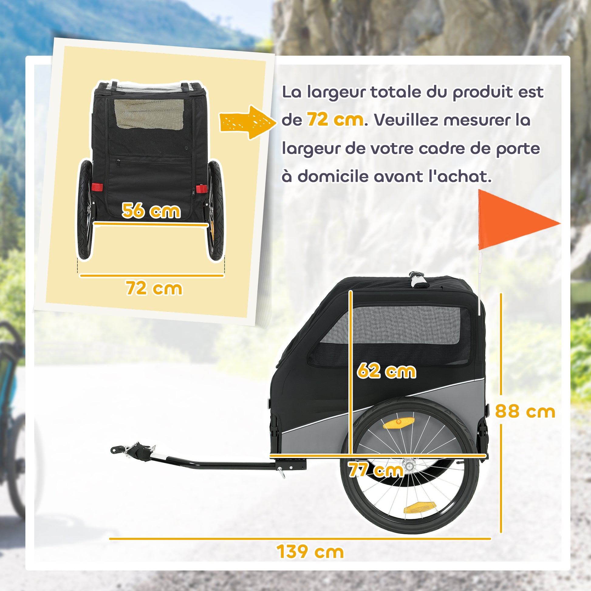 Remorque Vélo Chien avec Pneus 20", Attache Universelle, Réflecteurs, Drapeau, Laisse, 139x72x88cm, Gris et Noir-2
