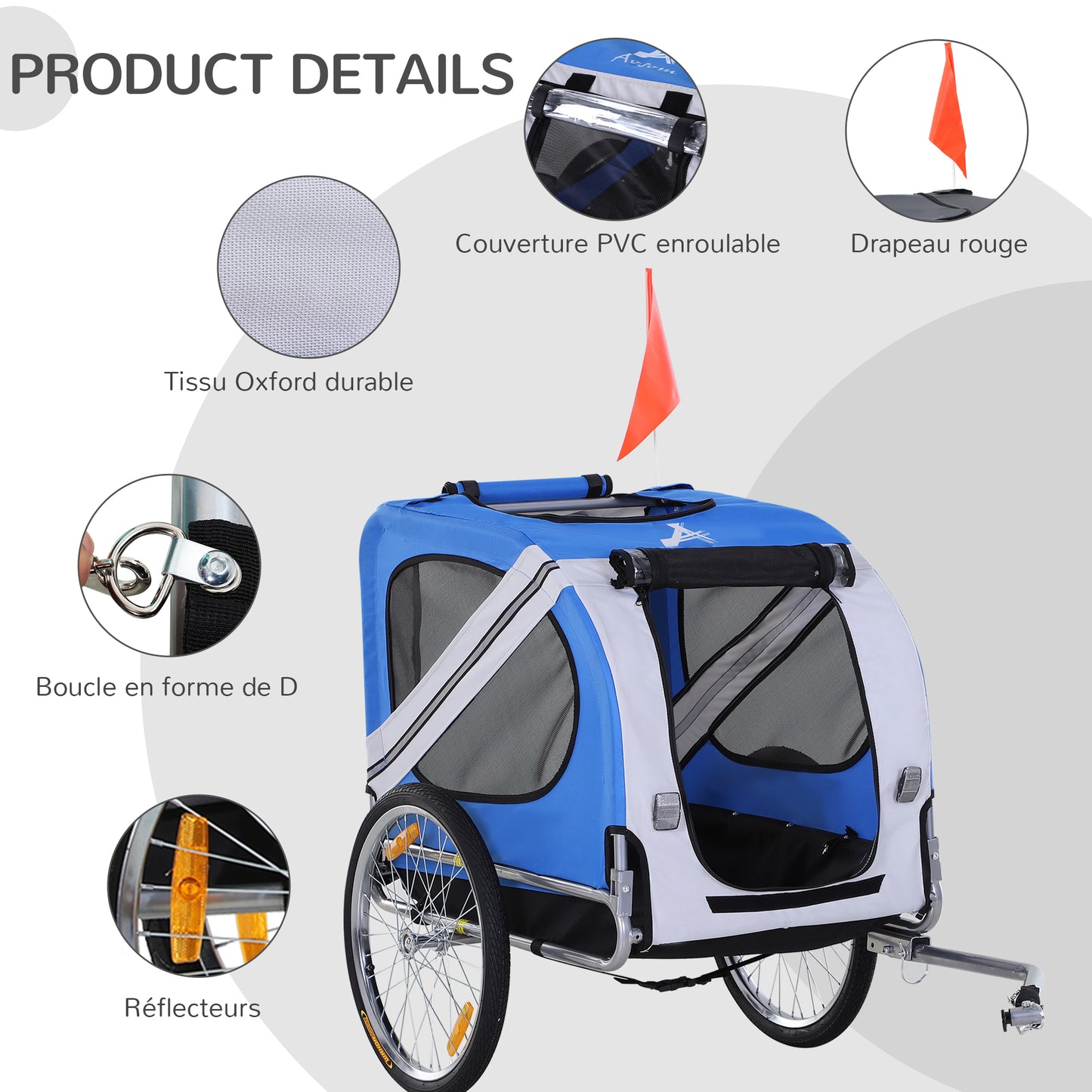 Remorque vélo pour chien animaux 8 réflecteurs drapeau barre attelage inclus 130 x 73 x 90 cm blanc et bleu-3