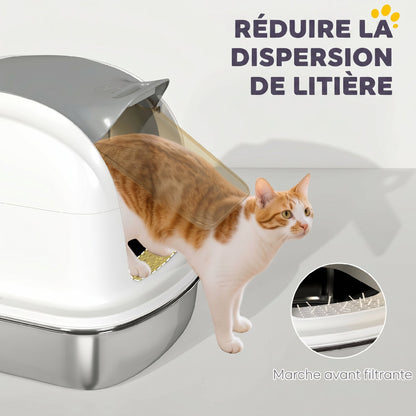 Bac à Litière pour Chat en Acier Inoxydable Caisse Litière Fermée pour Chats Couvercle Contrôle des Odeurs XL Blanc-7