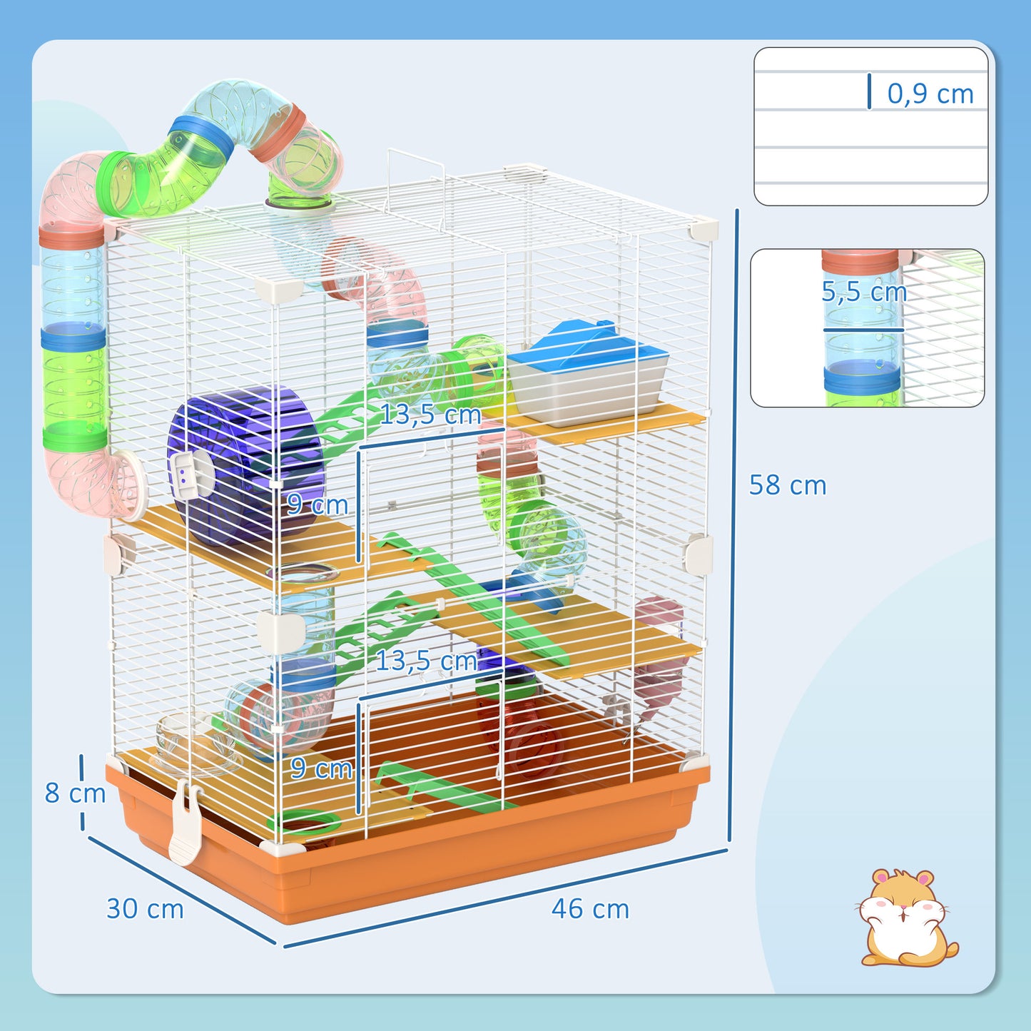 Cage pour hamster et gerbille à 5 étages, habitat sécurisé en grillage métallique avec tunnels, roue, maison et échelles, 46 x 30 x 58 cm, orange-2