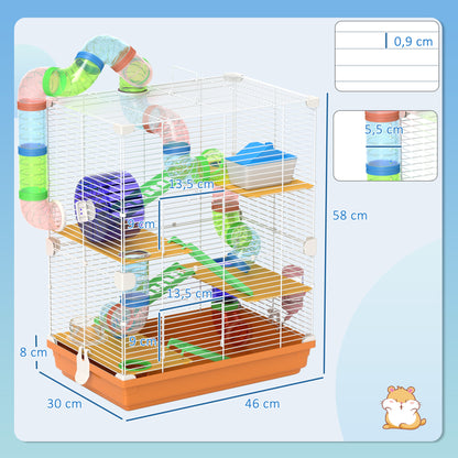 Cage pour hamster et gerbille à 5 étages, habitat sécurisé en grillage métallique avec tunnels, roue, maison et échelles, 46 x 30 x 58 cm, orange-2