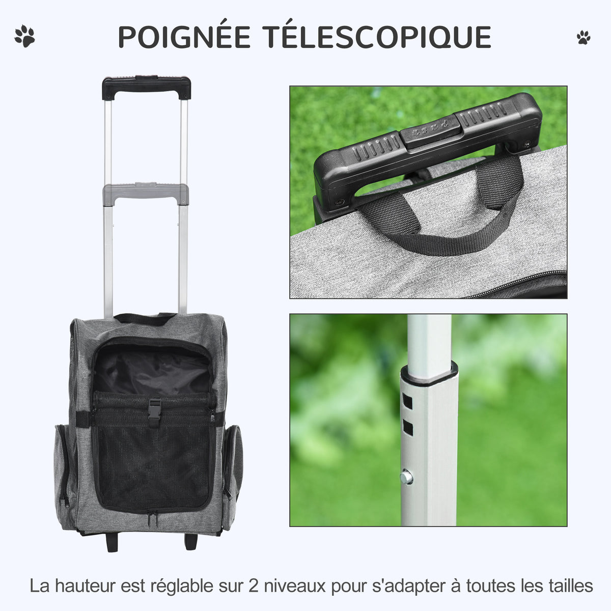 Sac de transport à roulettes pour chien 2 en 1 trolley chariot sac à dos pour chien chat avec poignée téléscopique, sacs de rangement, aérations, attache de sécurité, 42 x 25 x 55 cm, gris-3
