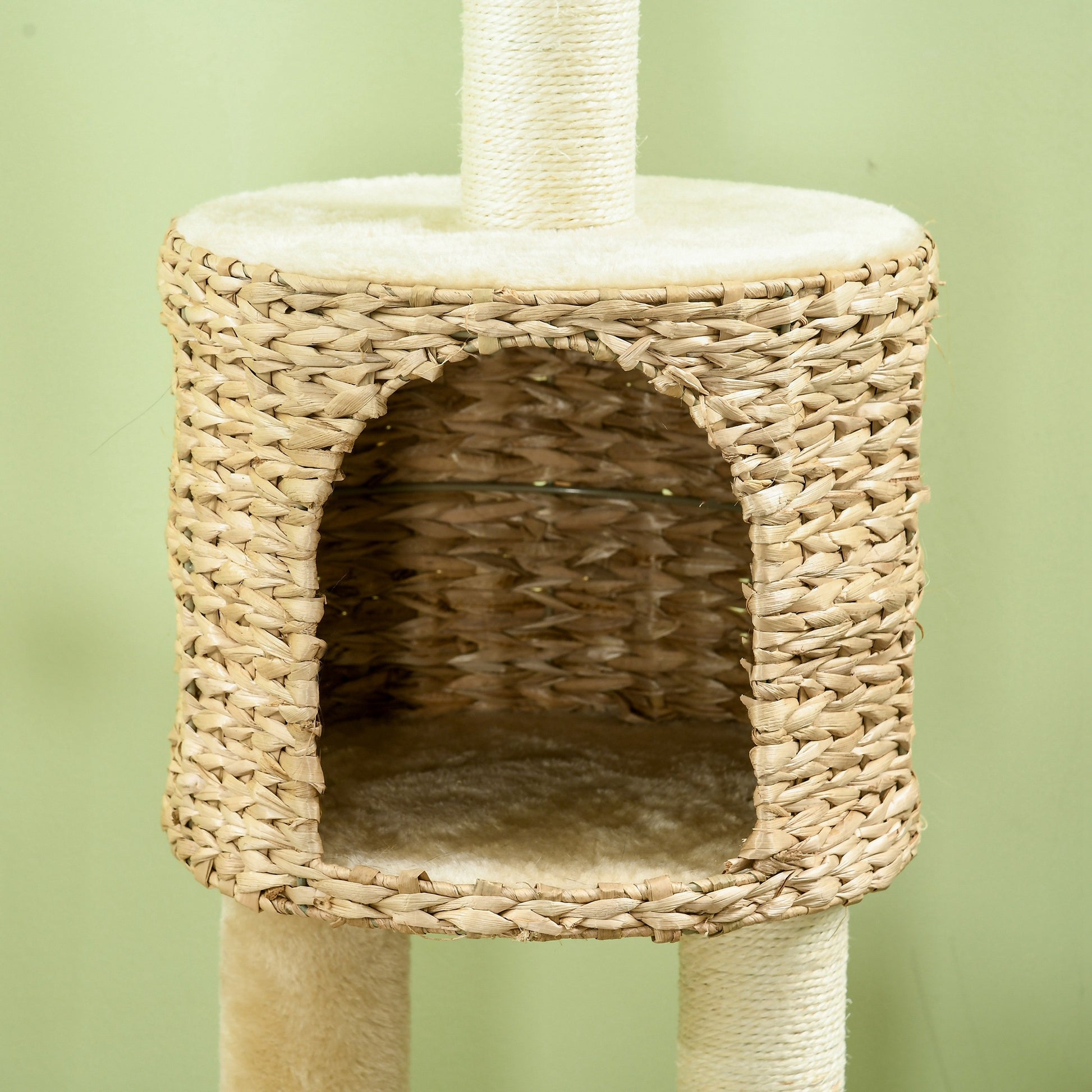 Arbre à chat hauteur 116 cm niche panier plateformes pompons en peluche et jacinthe d'eau - beige-8