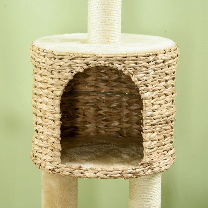 Arbre à chat hauteur 116 cm niche panier plateformes pompons en peluche et jacinthe d'eau - beige-8