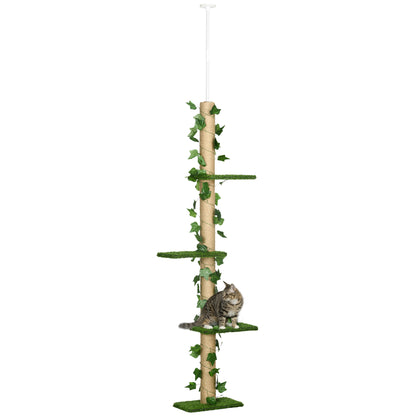 Arbre à chat poteau à griffer fixation plafond hauteur réglable 37 x 21 x 202- 242 cm 4 niveaux vert-0
