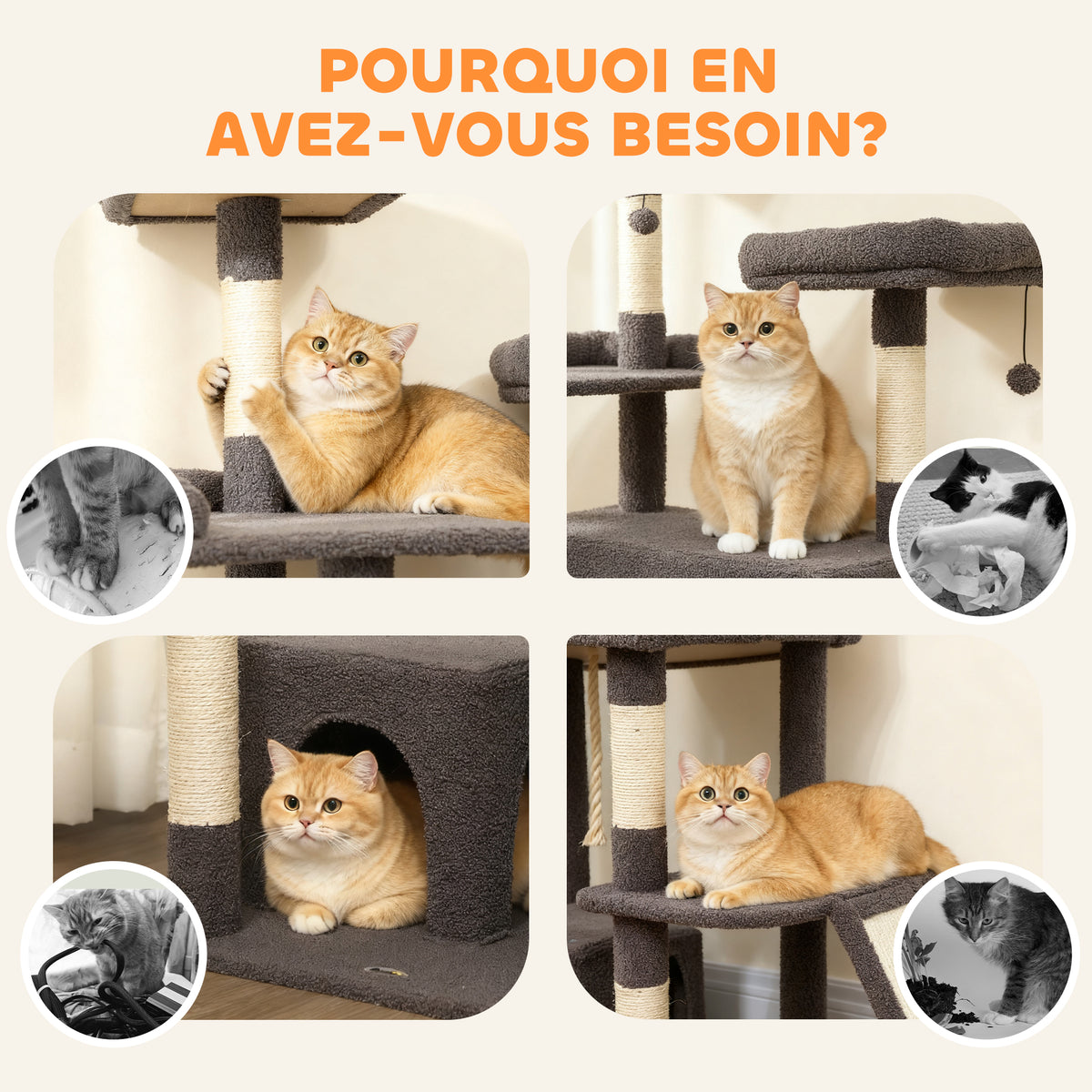 Arbre à chat tour de jeux pour chat avec griffoir 3 lits 2 niches plateformes et 3 jouets suspendus hauteur 174 cm gris-7