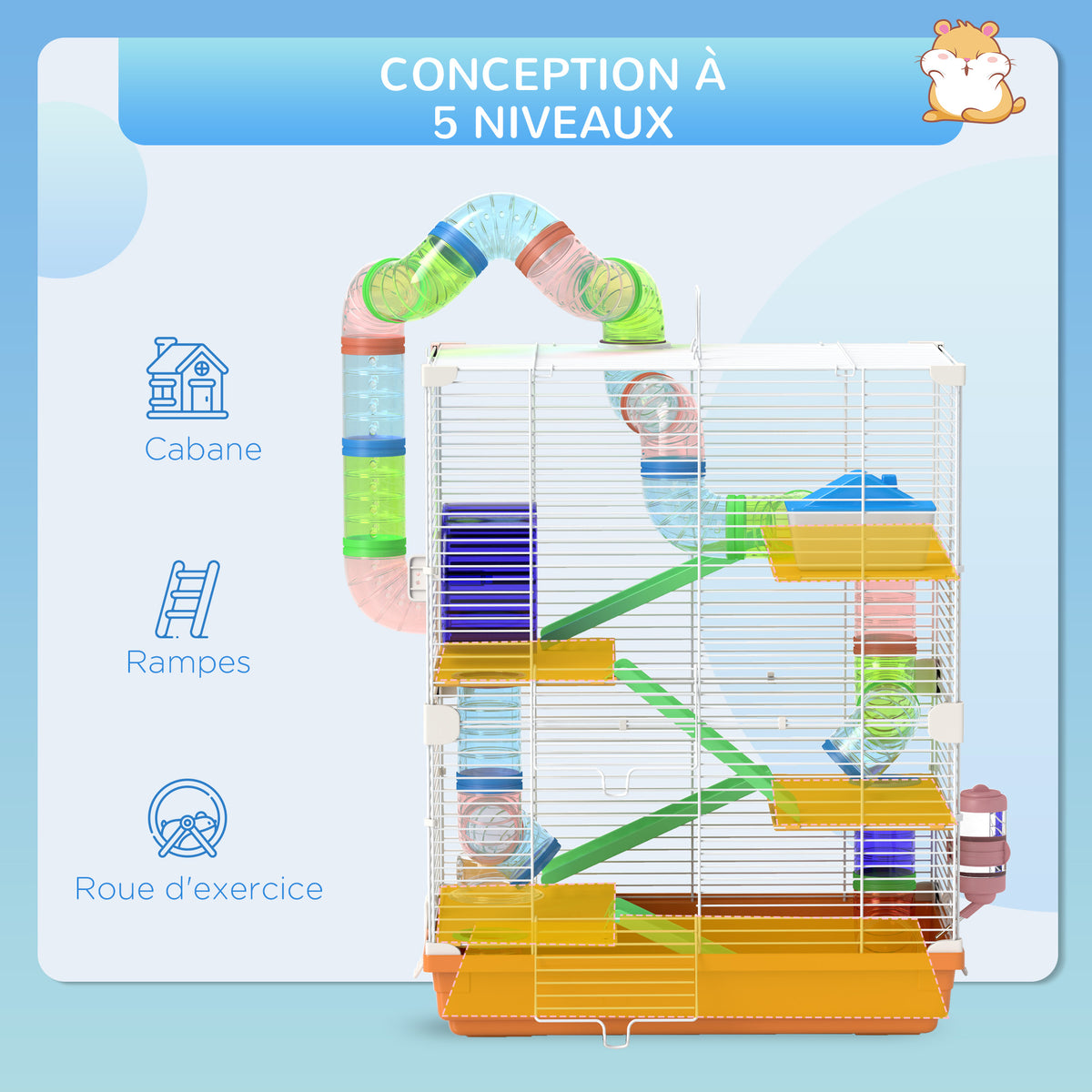 Cage pour hamster et gerbille à 5 étages, habitat sécurisé en grillage métallique avec tunnels, roue, maison et échelles, 46 x 30 x 58 cm, orange-5