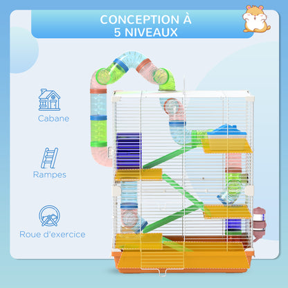 Cage pour hamster et gerbille à 5 étages, habitat sécurisé en grillage métallique avec tunnels, roue, maison et échelles, 46 x 30 x 58 cm, orange-5