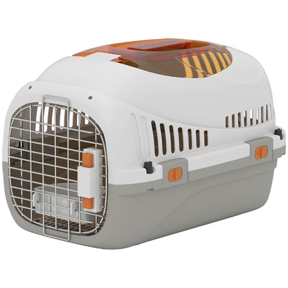 Caisse de transport chat et chien, cage de transport avec porte acier, bol de nourriture, 49 x 32 x 31 cm, gris et crème