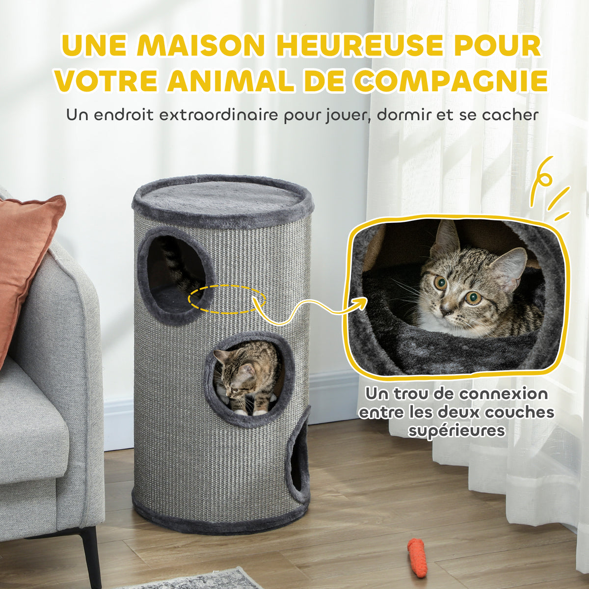 Tonneau à gratter pour chat, tour à griffer en sisal à 3 niveaux recouvert de peluche, Ø 38 x 70 cm, gris clair-3
