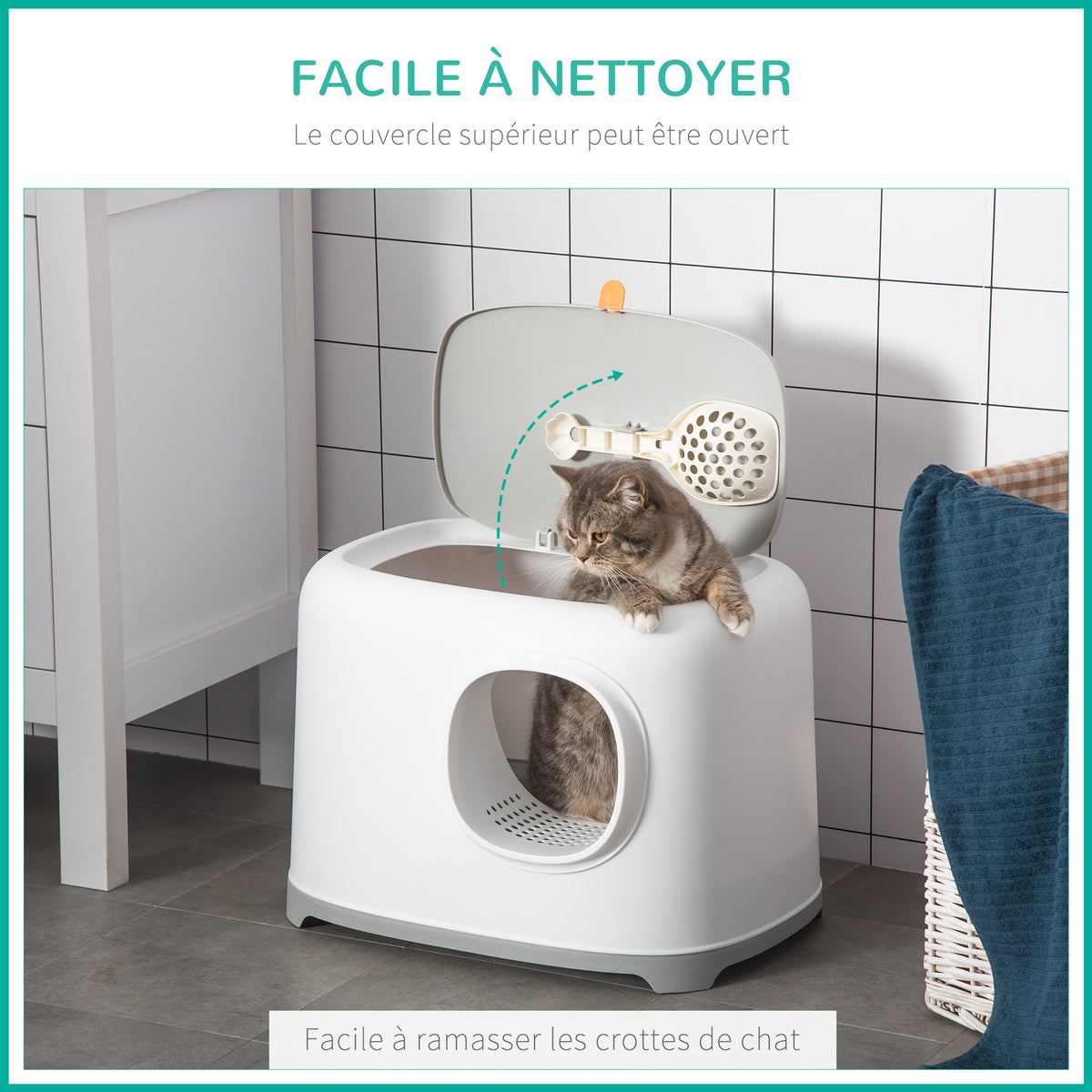 Bac à litière pour chat maison de toilette fermée avec couvercle et pelle, Plastique (PP), 55L x 40l x 39H cm, blanc-5