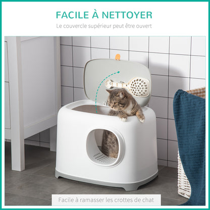 Bac à litière pour chat maison de toilette fermée avec couvercle et pelle, Plastique (PP), 55L x 40l x 39H cm, blanc-5