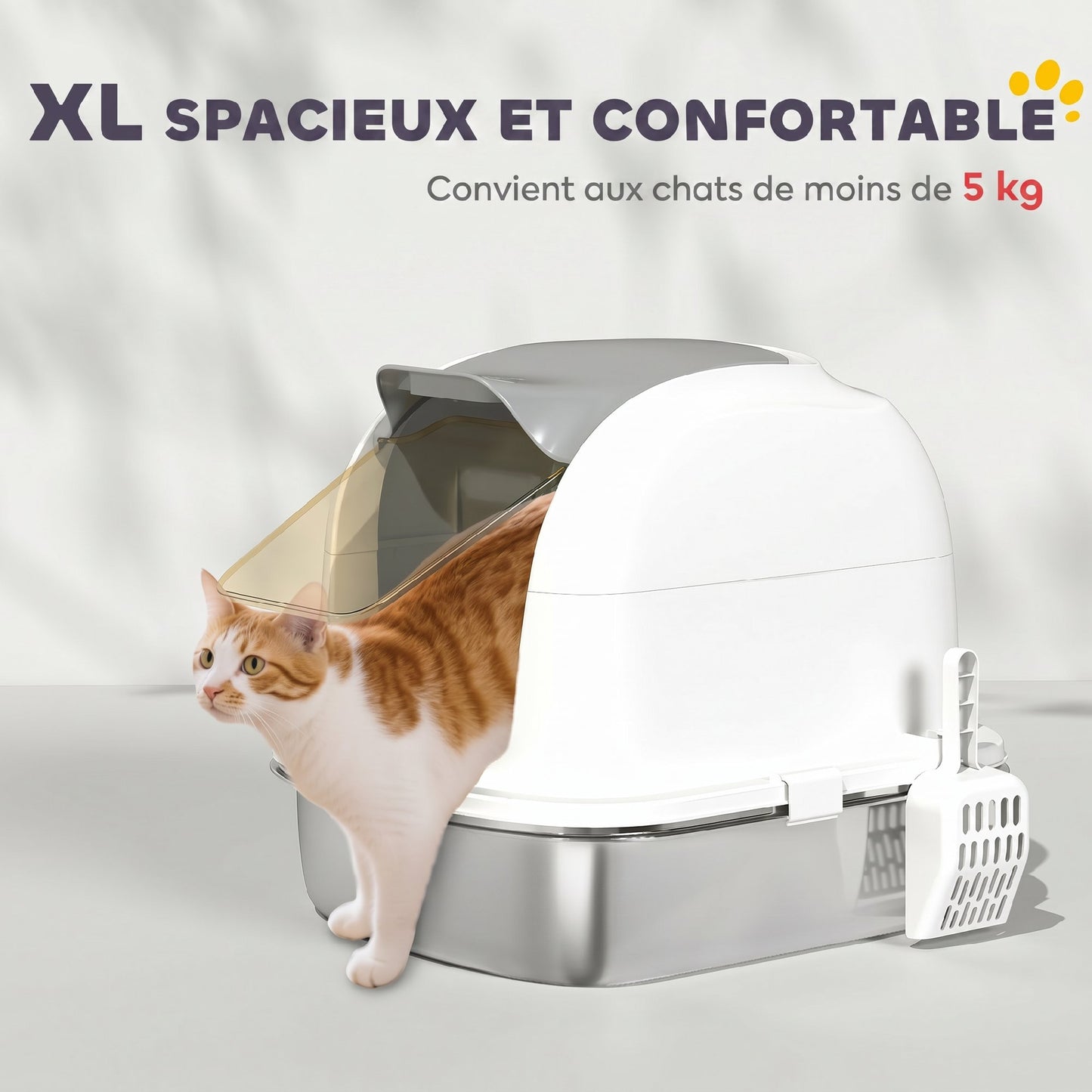 Bac à Litière pour Chat en Acier Inoxydable Caisse Litière Fermée pour Chats Couvercle Contrôle des Odeurs XL Blanc-5