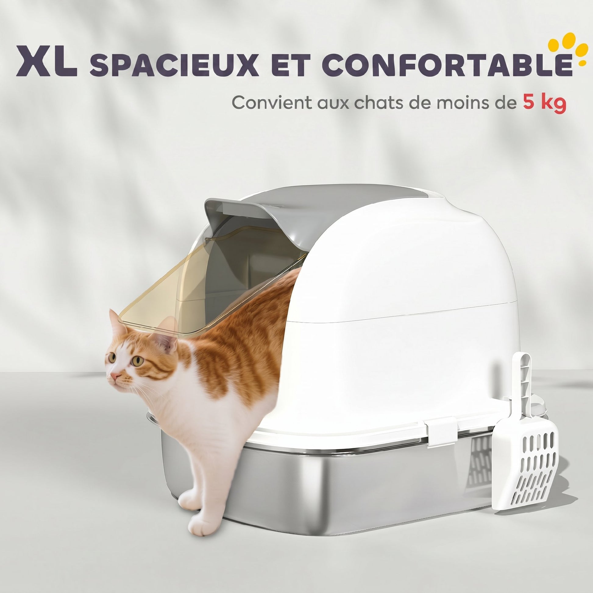 Bac à Litière pour Chat en Acier Inoxydable Caisse Litière Fermée pour Chats Couvercle Contrôle des Odeurs XL Blanc-5