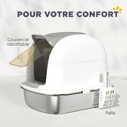Bac à Litière pour Chat en Acier Inoxydable Caisse Litière Fermée pour Chats Couvercle Contrôle des Odeurs XL Blanc-6