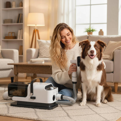 Aspirateur poil de chien et séchoir 5-en-1 kit toilettage chien professionnel 12kPa  50dB 37,6x17,5x18,5cm blanc